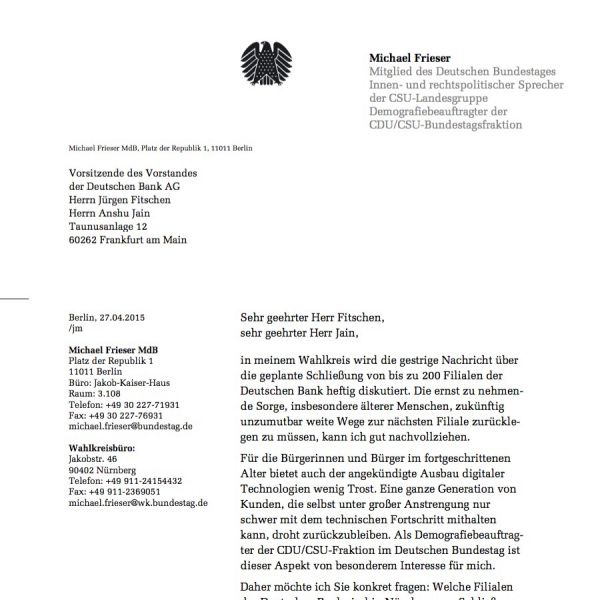 Schließung von 200 Filialen der „Deutschen Bank“