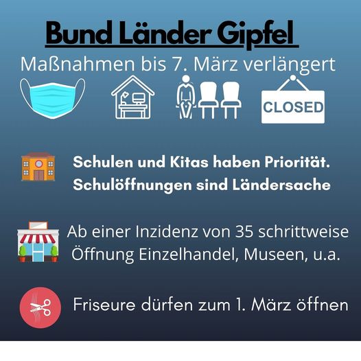 Ergebnisse der Ministerpräsidentenkonferenz vom 10. Februar 2021: Notwendige Verlängerung mit ersten Lockerungen